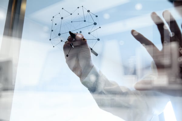 Double exposure of businessman working with new modern computer show social network structure as concept